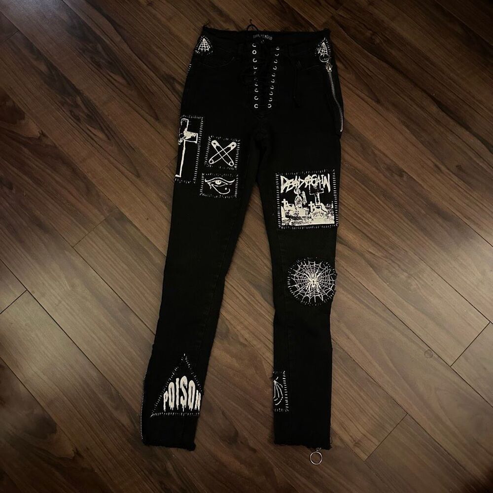 Dolls Kill Current Mood Stitch Lace-Up Patchwork Jeans black stretch denim s got